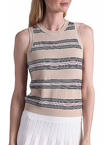 Minnie Rose Cotton Cashmere Striped Crew Neck Tank Top in Brown Sugar Combo (view 2)