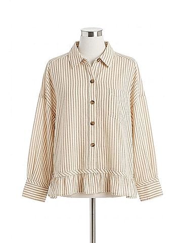 Oddi Cropped Button Up Shirt With Ruffle Hem in Tan Striped (view 1)