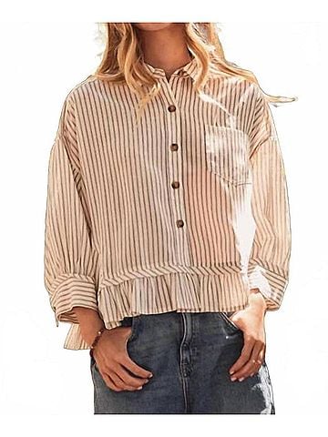 Oddi Cropped Button Up Shirt With Ruffle Hem in Tan Striped (view 2)