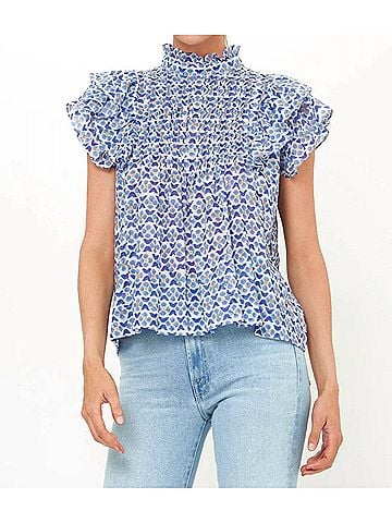 Oliphant Pintuck Ruffle Top in Veranda Blue (view 2)