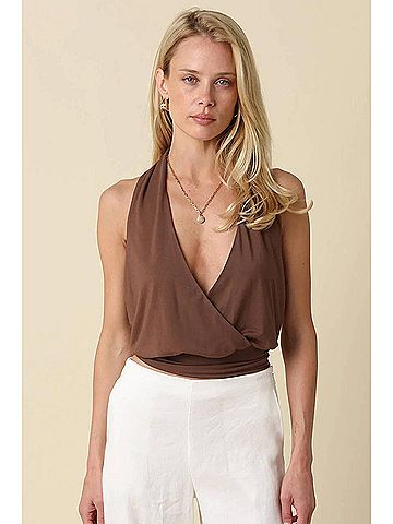 Olivaceous Isabel Halter Crop Knit Top in Brown (view 2)