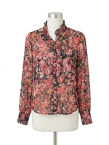 Mystree Ruffle Neck Button Down Blouse in Black Mix (view 1)