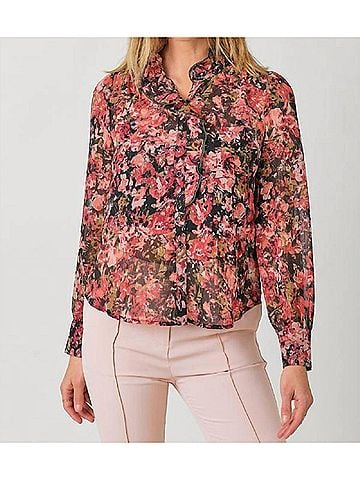 Mystree Ruffle Neck Button Down Blouse in Black Mix (view 2)