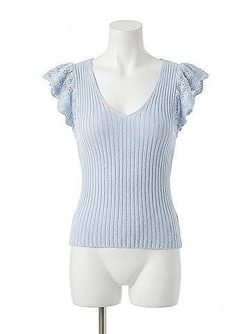Mystree Flutter Crochet Sleeve Sweater in Periwinkle (view 1)