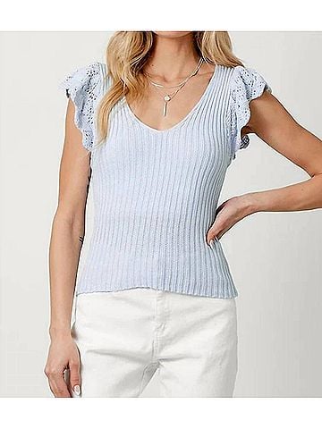 Mystree Flutter Crochet Sleeve Sweater in Periwinkle (view 2)
