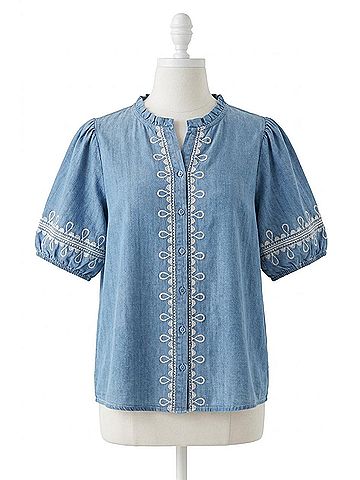 Oddi Solid Embroidered Short Bubble Sleeve Blouse in Blue (view 1)