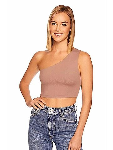 Susana Monaco Essential One Shoulder Crop Top in Coco (view 2)