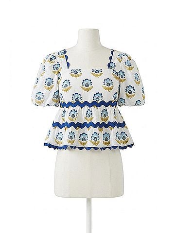 TCEC Lily Floral Print Layered Ruffle Ric Rac Top in Off White (view 1)