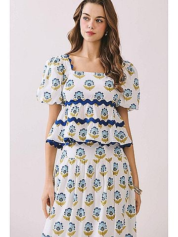 TCEC Lily Floral Print Layered Ruffle Ric Rac Top in Off White (view 2)