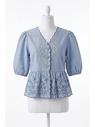 Oddi Libby Striped Embroidered Peplum Top in Navy Stripe (view 1)
