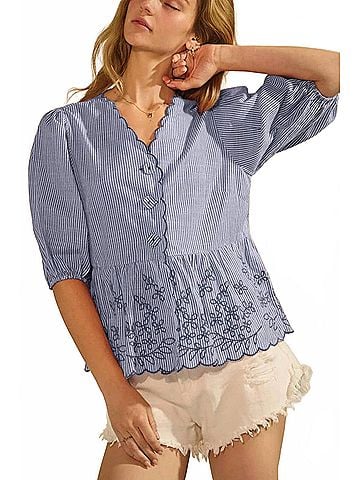 Oddi Libby Striped Embroidered Peplum Top in Navy Stripe (view 2)