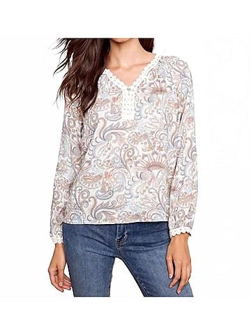 Charlie B Printed Linen Blend Raglan Blouse With Crochet Trim in Chintz (view 2)
