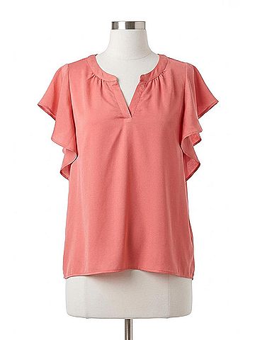 Umgee Satin V-Neck Short Ruffle Sleeve Top in Peach Coral (view 1)