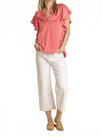 Umgee Satin V-Neck Short Ruffle Sleeve Top in Peach Coral (view 2)