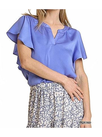 Umgee Satin V-Neck Short Ruffle Sleeve Top in Periwinkle (view 2)