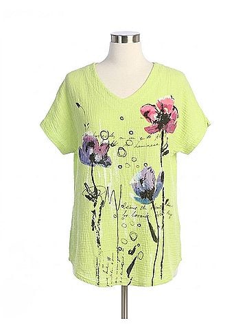 Jess & Jane Postcard Mineral Washed Cotton Double Gauze Top in Lime (view 1)