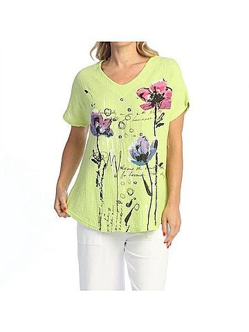 Jess & Jane Postcard Mineral Washed Cotton Double Gauze Top in Lime (view 2)