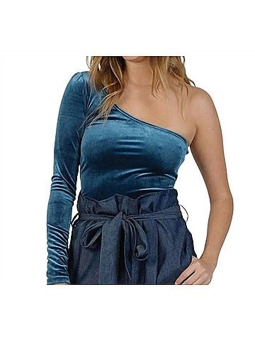 LUCCA One Shoulder Velvet Top in Emerald (view 2)