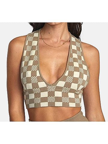 RVCA Fever Racerback Knitted Crop Top in Dark Khaki (view 2)