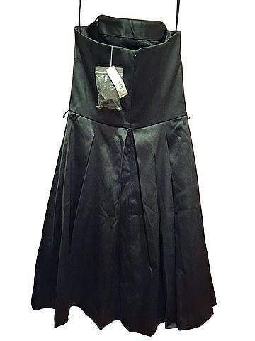 White House Black Market Black Satin Strapless Pleated Dress Fit Flare w Pleated Bodice Cocktail Dress (view 2)