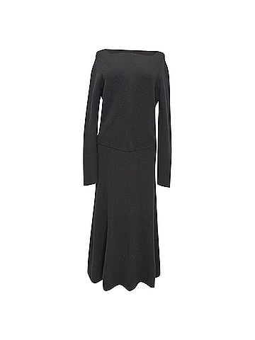 Victoria Beckham Victoria Beckham Square-Neck Long Sleeve Midi Dress in Black Wool (view 1)