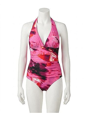 DKNY Plunge V Neck Halter Swimsuit in Pink Multi (view 1)