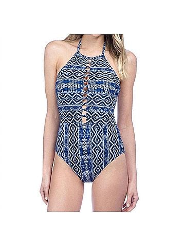 La Blanca High Neck Plunge Halter One Piece Swimsuit in Designer Jeans (view 2)