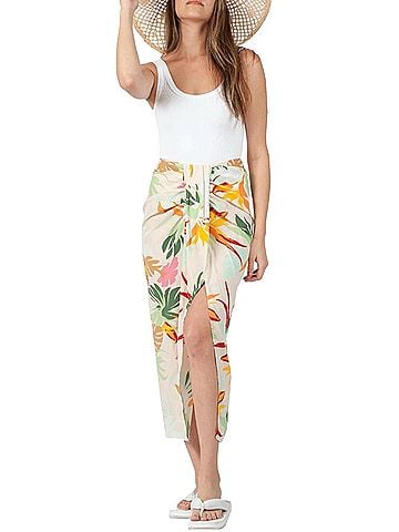 LUCCA Floral-Print Gathered Sarong Skirt in White Tropical (view 2)