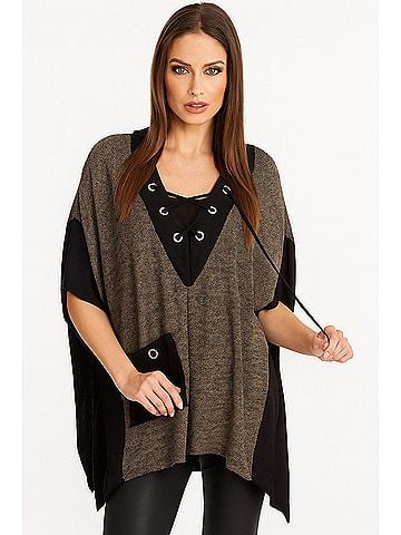 Angel Apparel V-Neck Tie Up Poncho in Stone (view 2)