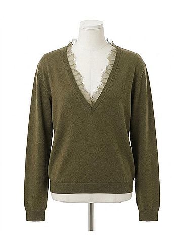 IRO Women's Haby Lace V-Neck Pullover Sweater in Green (view 1)