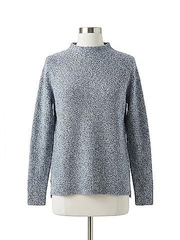 Kinross Marled Garter Funnel Sweater in Navy Multi (view 1)