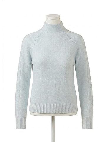 Kinross Women's Plaited Cable Sleeve Funnel Sweater in Ice Blue/Pearl (view 1)