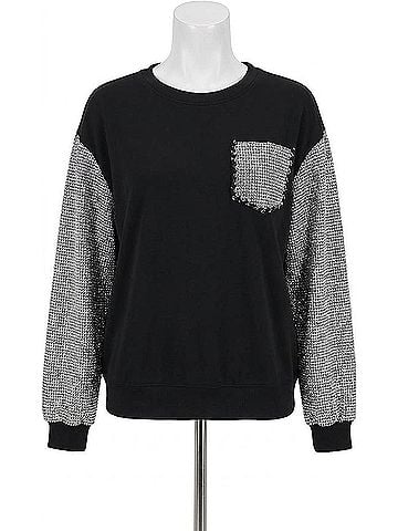 Karl Lagerfeld Crewneck Sequined Tween Long Sleeve Top in Black/Silver (view 1)