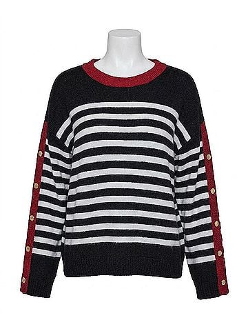 Karl Lagerfeld Women's Striped Sweater With Button Cuff Detail in Black White Maroon (view 1)