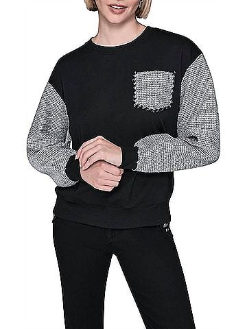 Karl Lagerfeld Crewneck Sequined Tween Long Sleeve Top in Black/Silver (view 2)