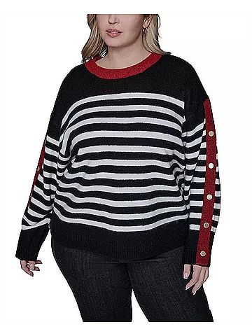Karl Lagerfeld Women's Striped Sweater With Button Cuff Detail in Black White Maroon (view 2)