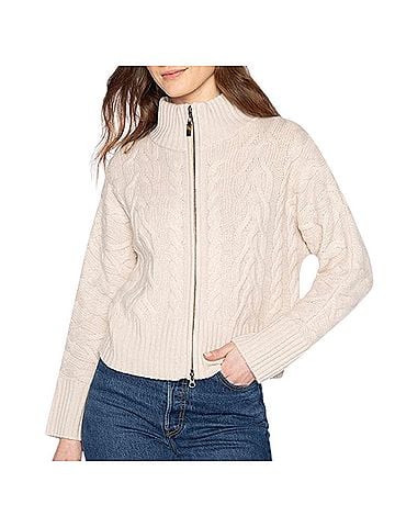 Kinross Luxe Cable Zip Cardigan in Canvas (view 2)