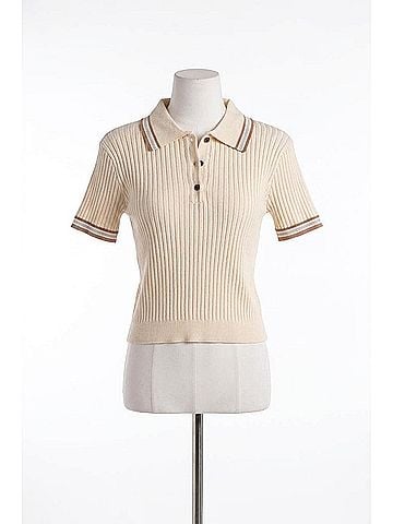 Elan Ribbed Collared Short Sleeve Sweater in Cream (view 1)