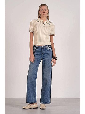 Elan Ribbed Collared Short Sleeve Sweater in Cream (view 2)