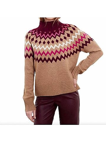 Kinross Sara Fairisle Mock Neck Sweater in Brown (view 2)