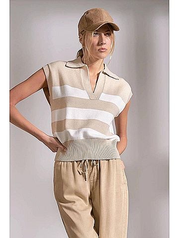 Elan Kim Sleeveless Striped Sweater in Beige Stripe (view 2)