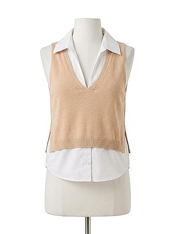 Elan Sleeveless Layered Sweater Vest in Nude (view 1)