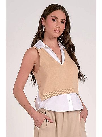 Elan Sleeveless Layered Sweater Vest in Nude (view 2)