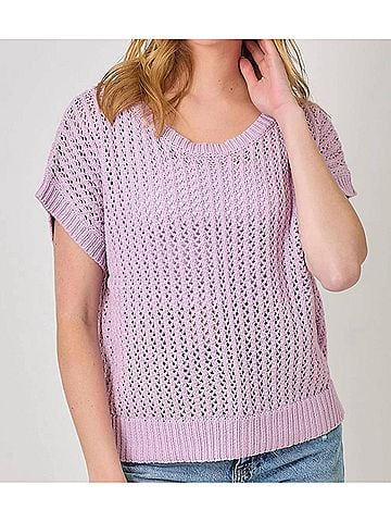 Mystree Crochet Weave Slouchy Pullover Sweater in Lavender (view 2)