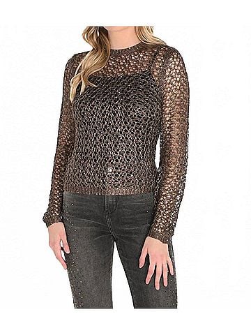 Frank Lyman Design Julieanna Jewel Embellished Open Stitch Pullover in Mocha (view 2)