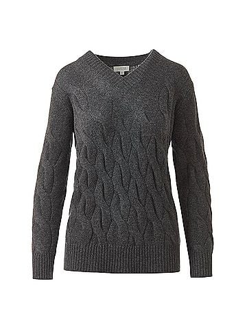 Kinross Women's Long Cable Vee Pullover in Flannel (view 2)