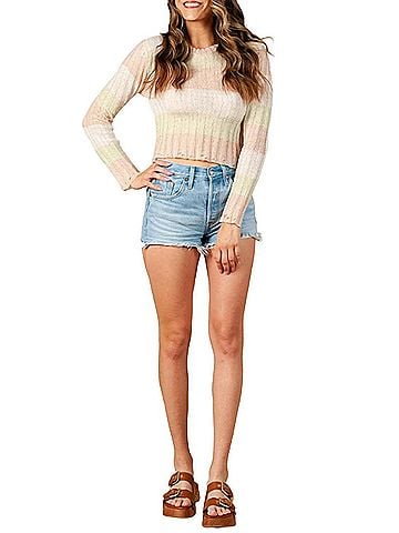 LUCCA Tulip Lghtweight Open-Knit Striped Sweater in Green Stripe (view 2)