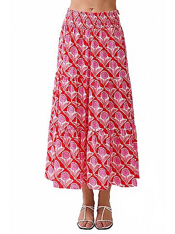TCEC Penelope Floral Print Smocked Waist Midi Skirt in Red (view 2)