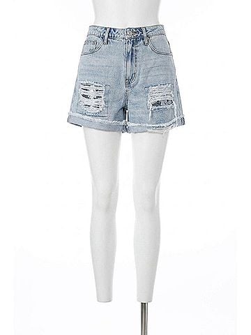 Easel Mid-Rise Washed Denim Distress Shorts in Light Blue (view 1)