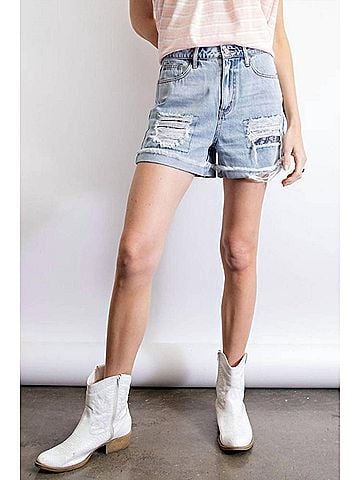 Easel Mid-Rise Washed Denim Distress Shorts in Light Blue (view 2)